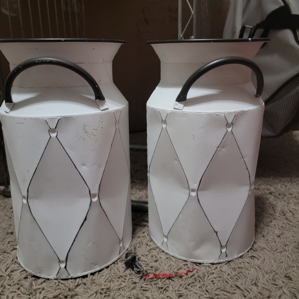 Distressed White Metal Milk Can Vases
